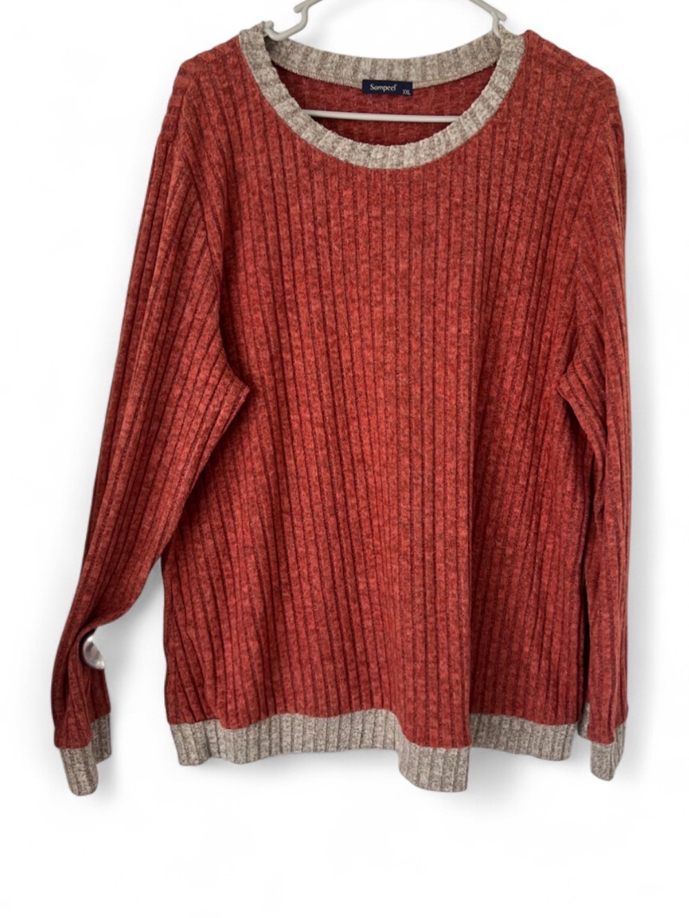 Sampeel Rust Ribbed Crewneck Sweater with Contrast Trim